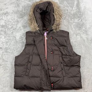 Gap Puffer Vest Youth XL Brown Down Removeable Faux Fur Full Zip Snap